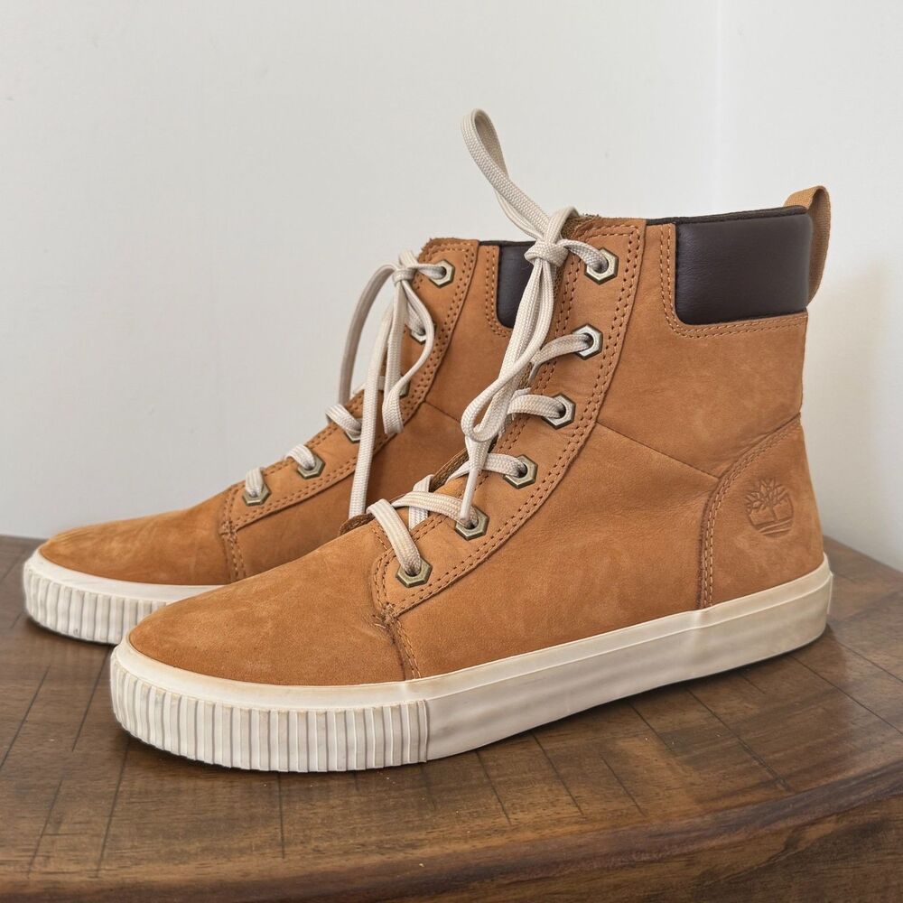 Timberland Womens 7 High Top Leather Sneakers Tan Lace Up Casual Shoes